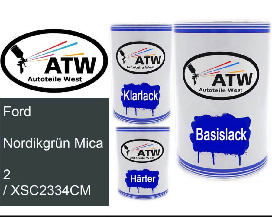 Ford, Nordikgrün Mica, 2 / XSC2334CM: 500ml Lackdose + 500ml Klarlack + 250ml Härter - Set, von ATW Autoteile West.